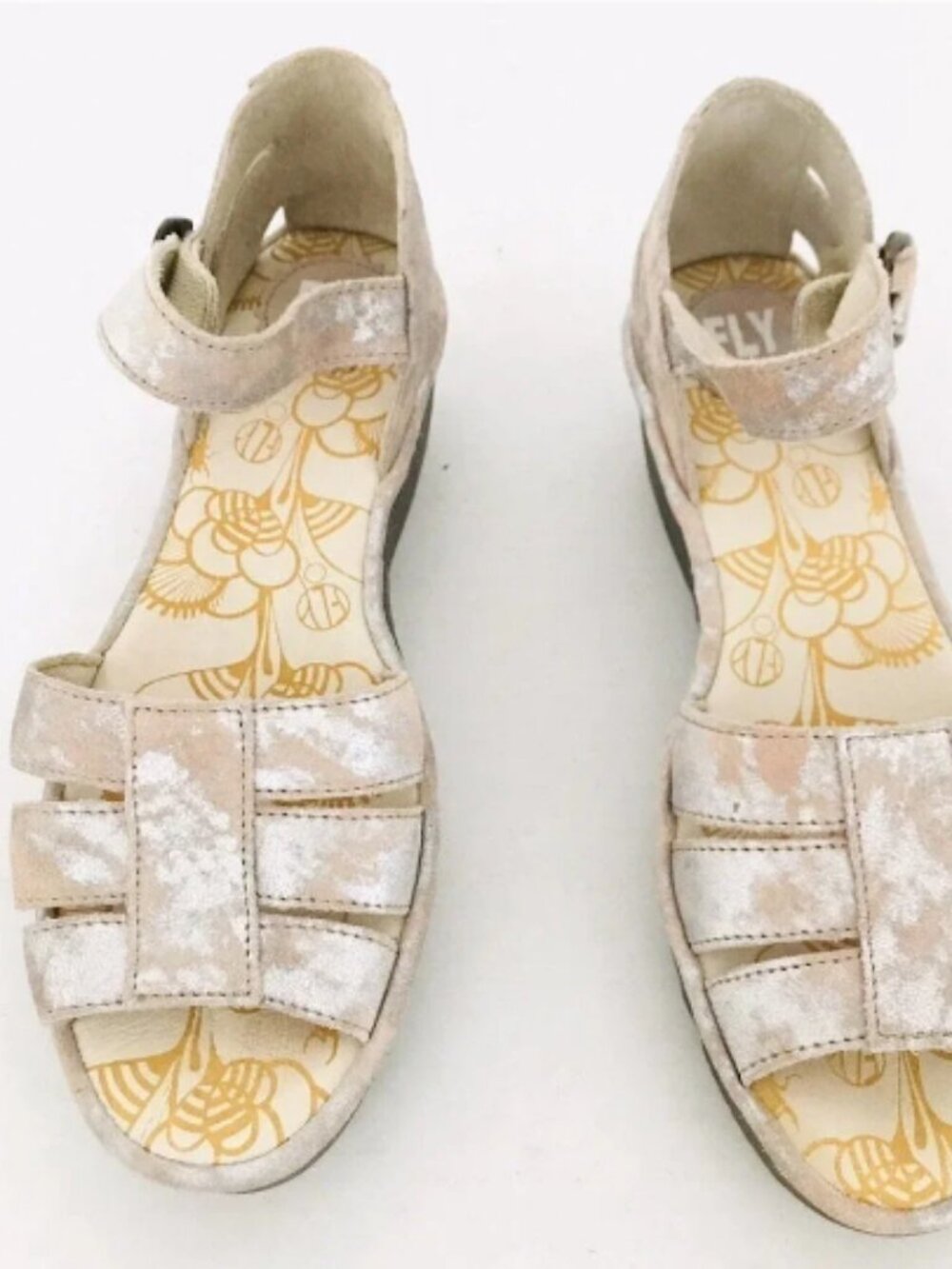 Womens Fly London Rese Metallic Wedge Sandals Sz 37 MSRP $177